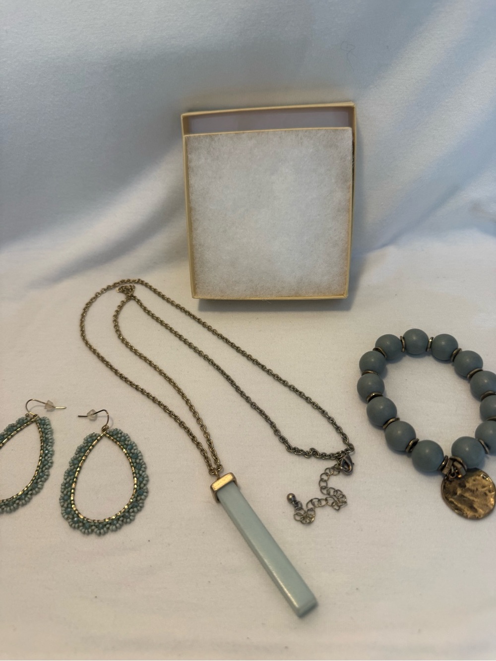 Mint Green Bar Pendant Necklace, Beaded Earrings, Stretch Bracelet Gold Accents